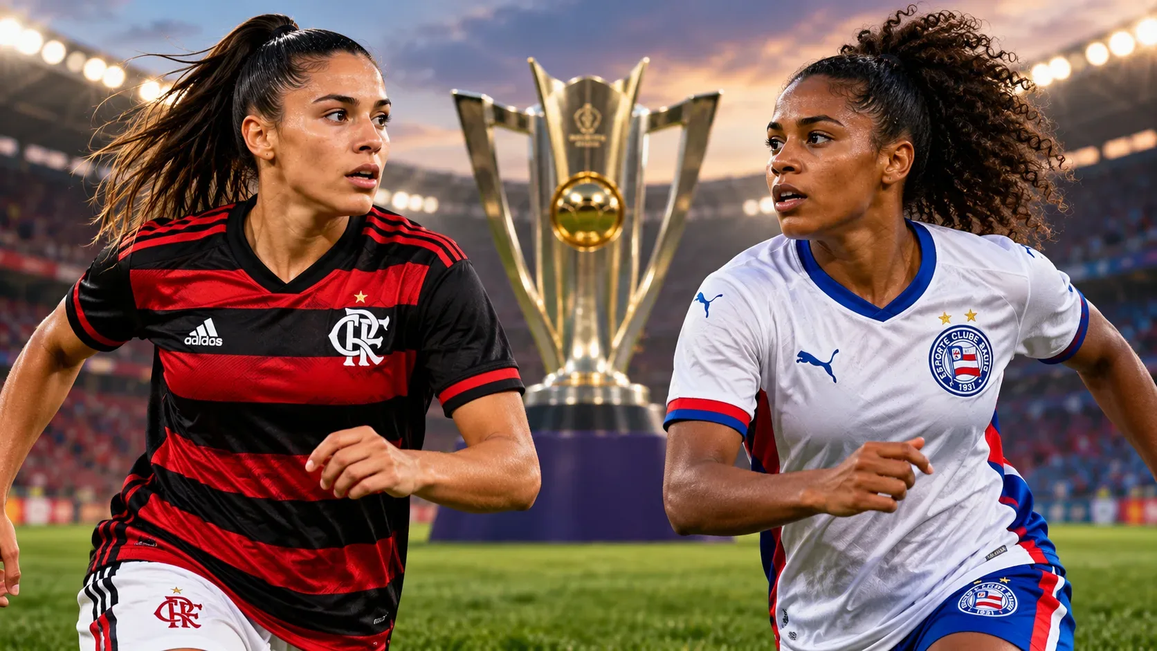 Ilustração de duas jogadoras de futebol, uma com uniforme vermelho e preto e outra com uniforme branco, azul e vermelho, diante de um troféu em estádio iluminado.