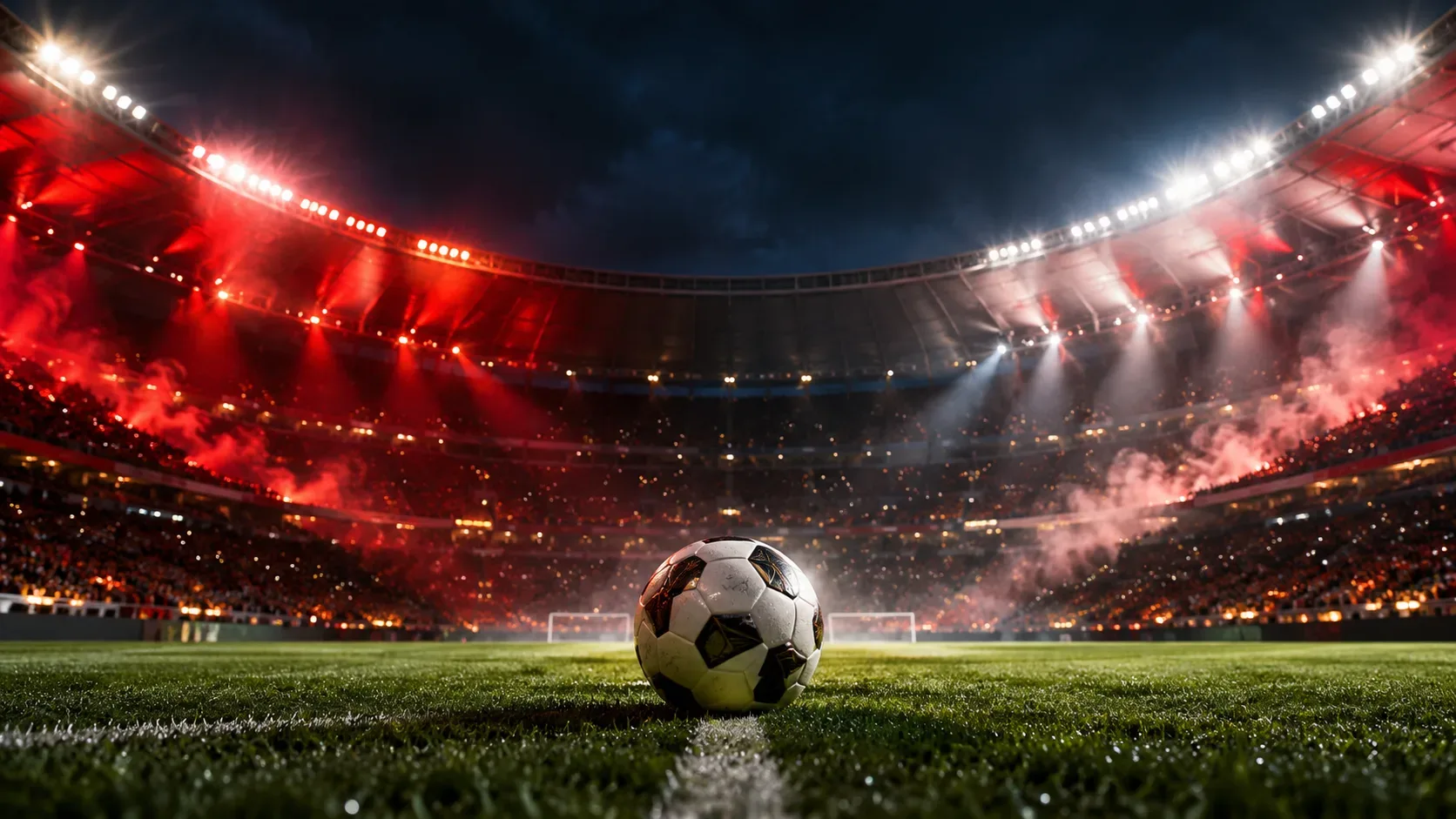 Bola de futebol no gramado de um estádio iluminado à noite, com arquibancadas em tons de vermelho e branco e refletores acesos.