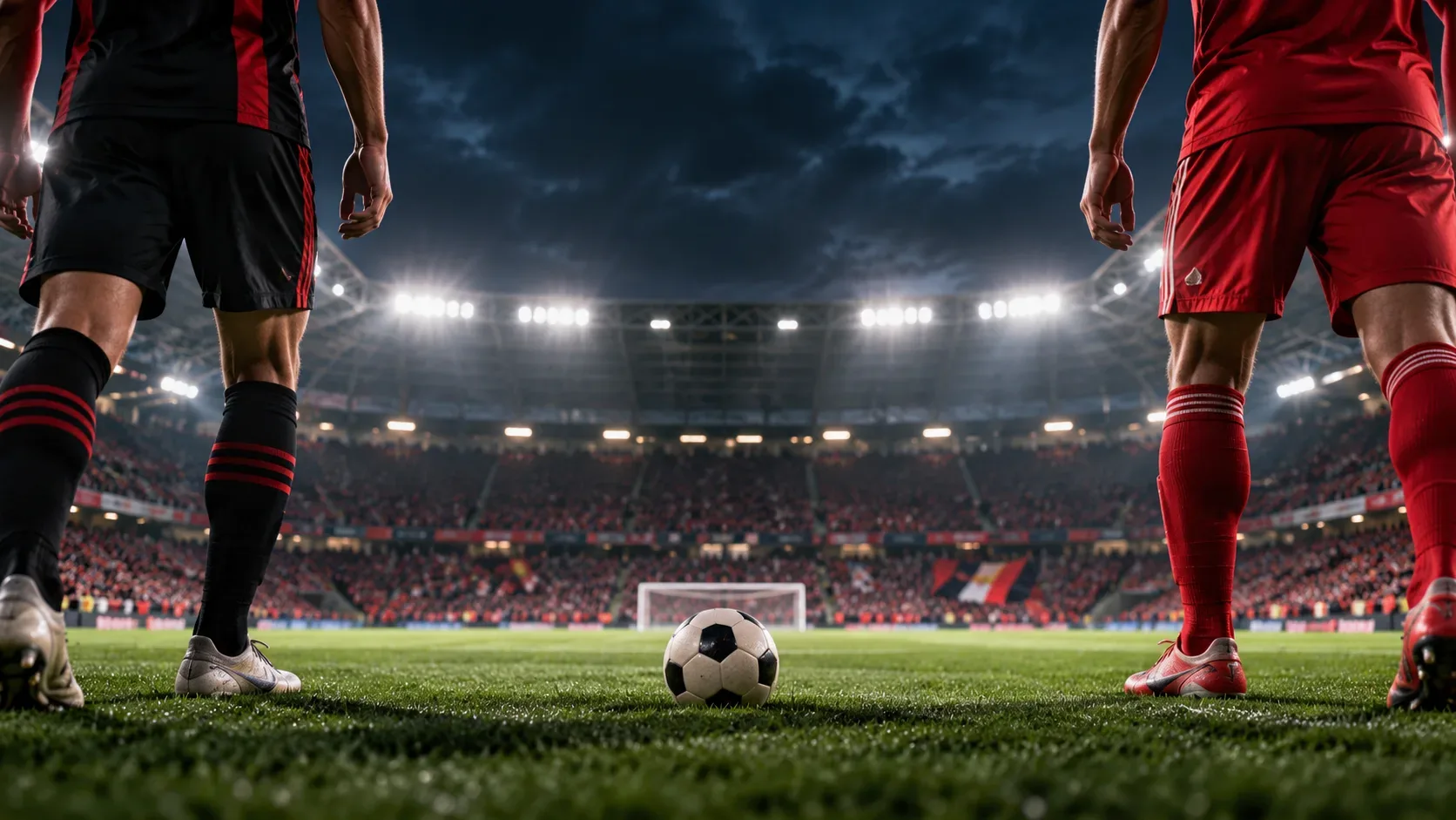 Capa ilustrativa com dois jogadores de costas, um de uniforme preto com detalhes vermelhos e outro de vermelho, diante de uma bola em estádio iluminado.
