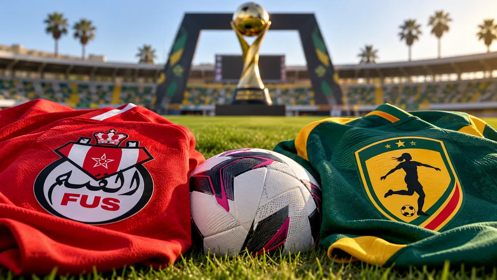 Ilustração de futebol feminino com bola entre uma camisa vermelha e outra verde com detalhes amarelos, em estádio, com troféu dourado ao fundo.