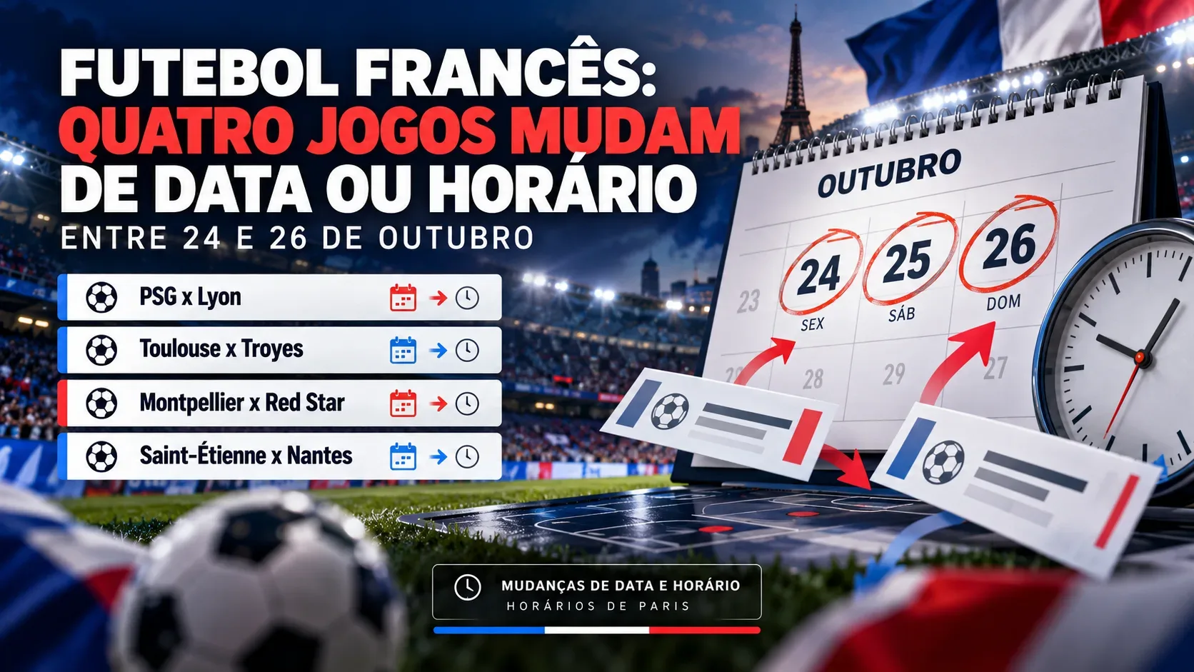Arte editorial com estádio francês, calendário destacando 24, 25 e 26 de outubro, relógio, setas e a lista dos quatro confrontos afetados.