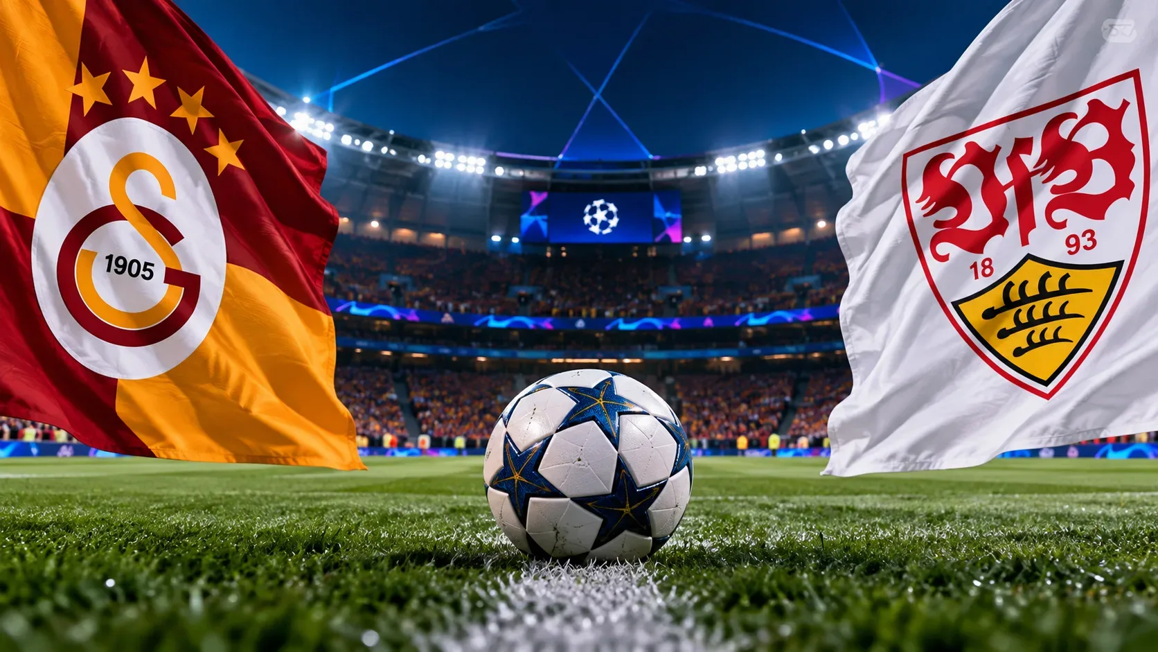 Bola sobre gramado de estádio iluminado, entre grandes bandeiras nas cores e com emblemas estilizados de Galatasaray e Stuttgart.