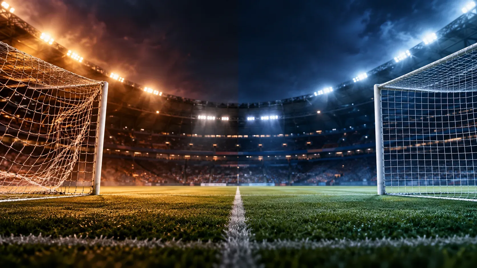Capa editorial de estádio de futebol à noite, com dois gols nas extremidades e iluminação dourada de um lado e azul do outro.
