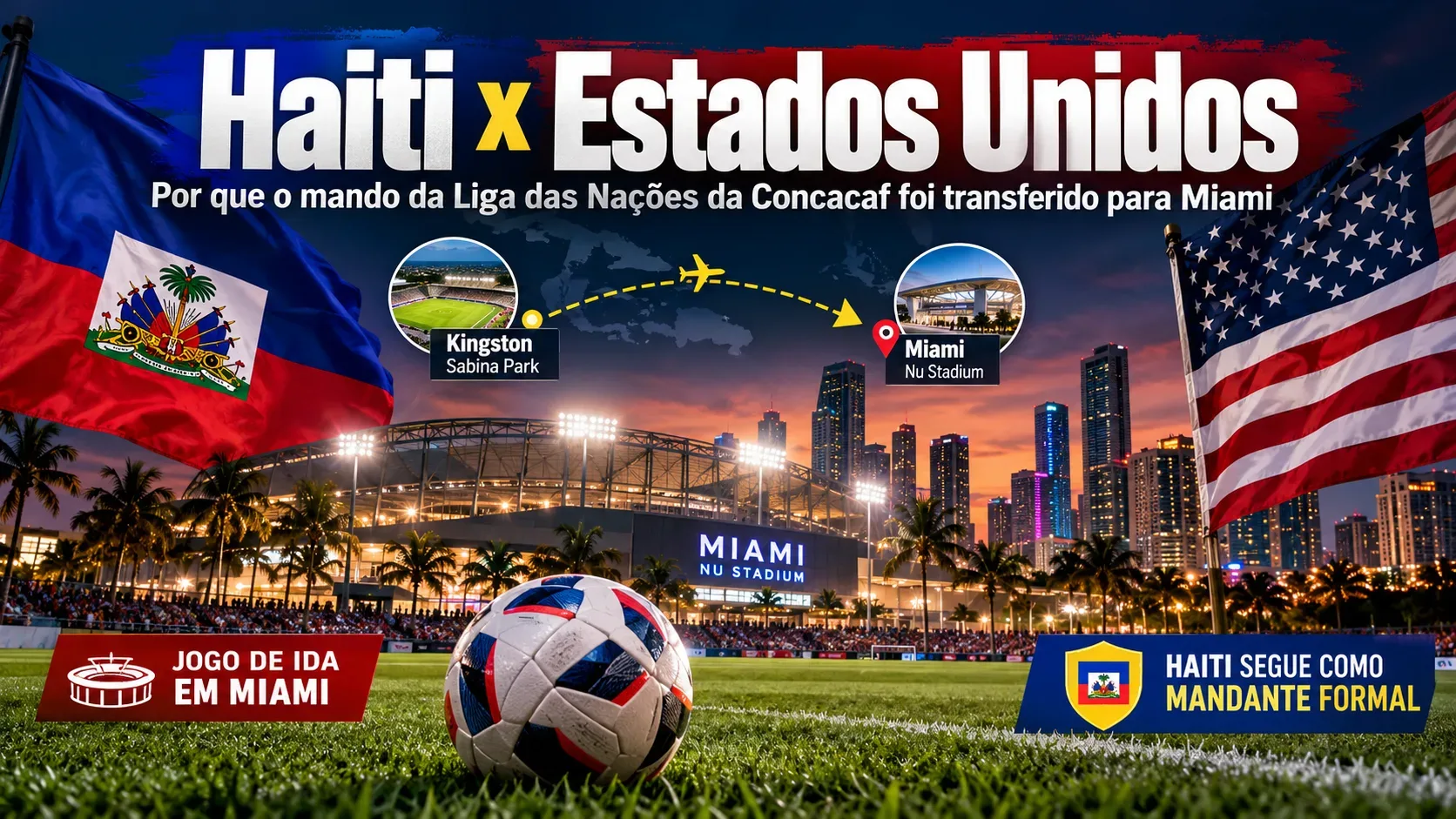 Arte editorial com bandeiras do Haiti e dos Estados Unidos, rota ilustrada de Kingston a Miami, estádio iluminado e bola no gramado.