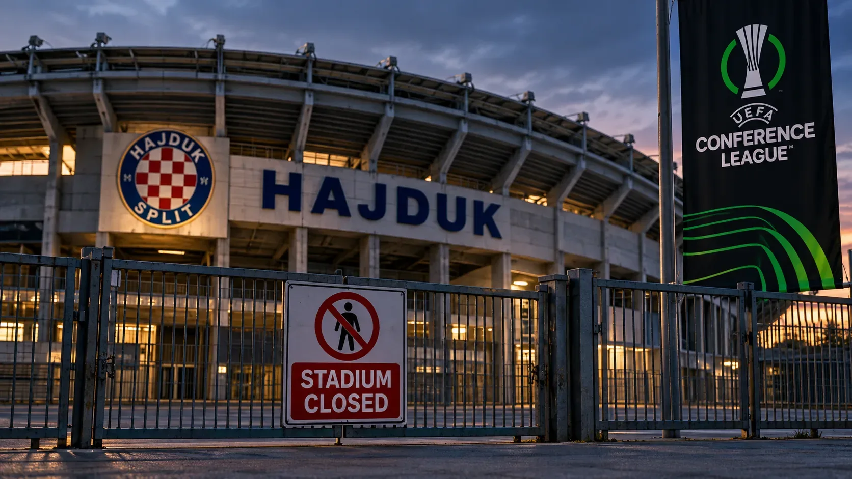 Arte digital de portões fechados diante de um estádio com nome e escudo do Hajduk, placa 'STADIUM CLOSED' e bandeira da Conference League ao entardecer.