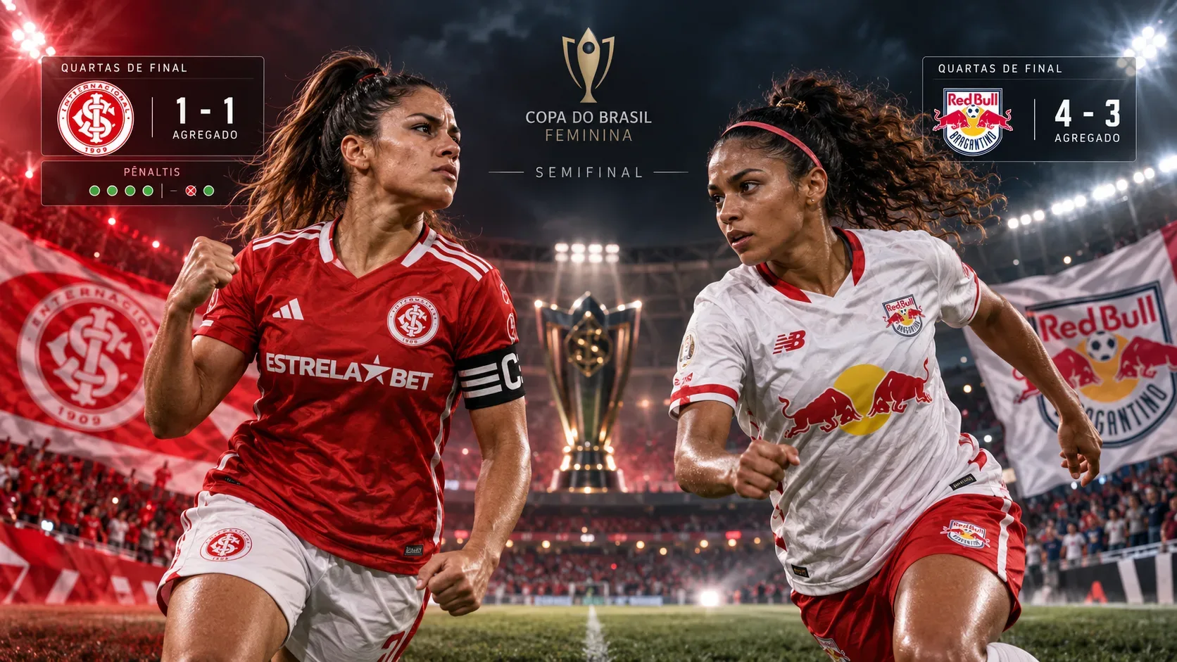 Arte ilustrativa de duas futebolistas em uniformes vermelho e branco num estádio iluminado, com troféu ao centro, painéis de placar agregado e símbolos de pênaltis.
