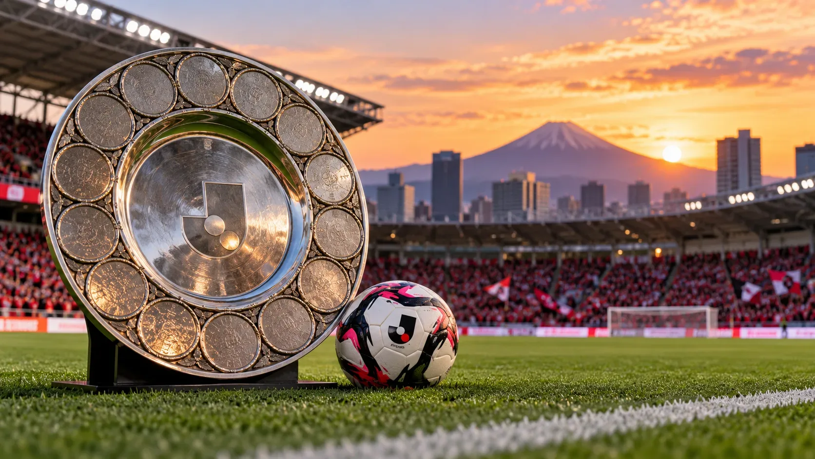 Capa ilustrativa com troféu prateado estilizado e bola de futebol no gramado de um estádio iluminado ao pôr do sol, com cidade e montanha ao fundo.