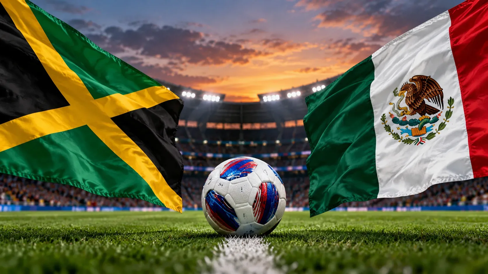 Bola de futebol no gramado de estádio iluminado ao entardecer, entre bandeiras da Jamaica e do México.