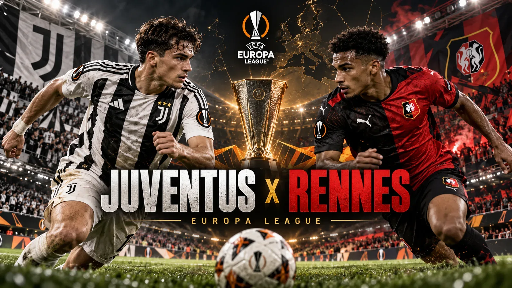 Arte de Juventus x Rennes com jogador de uniforme preto e branco à esquerda, jogador de vermelho e preto à direita, taça central, estádio iluminado e título do confronto.