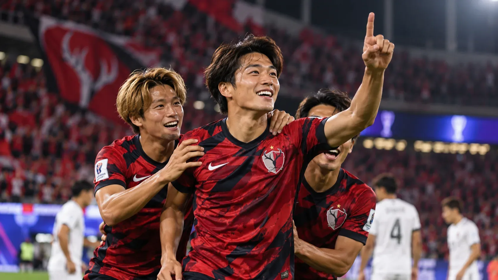 Imagem editorial de três jogadores com uniformes vermelhos e pretos comemorando juntos sob as luzes de um estádio, com adversários de branco ao fundo.
