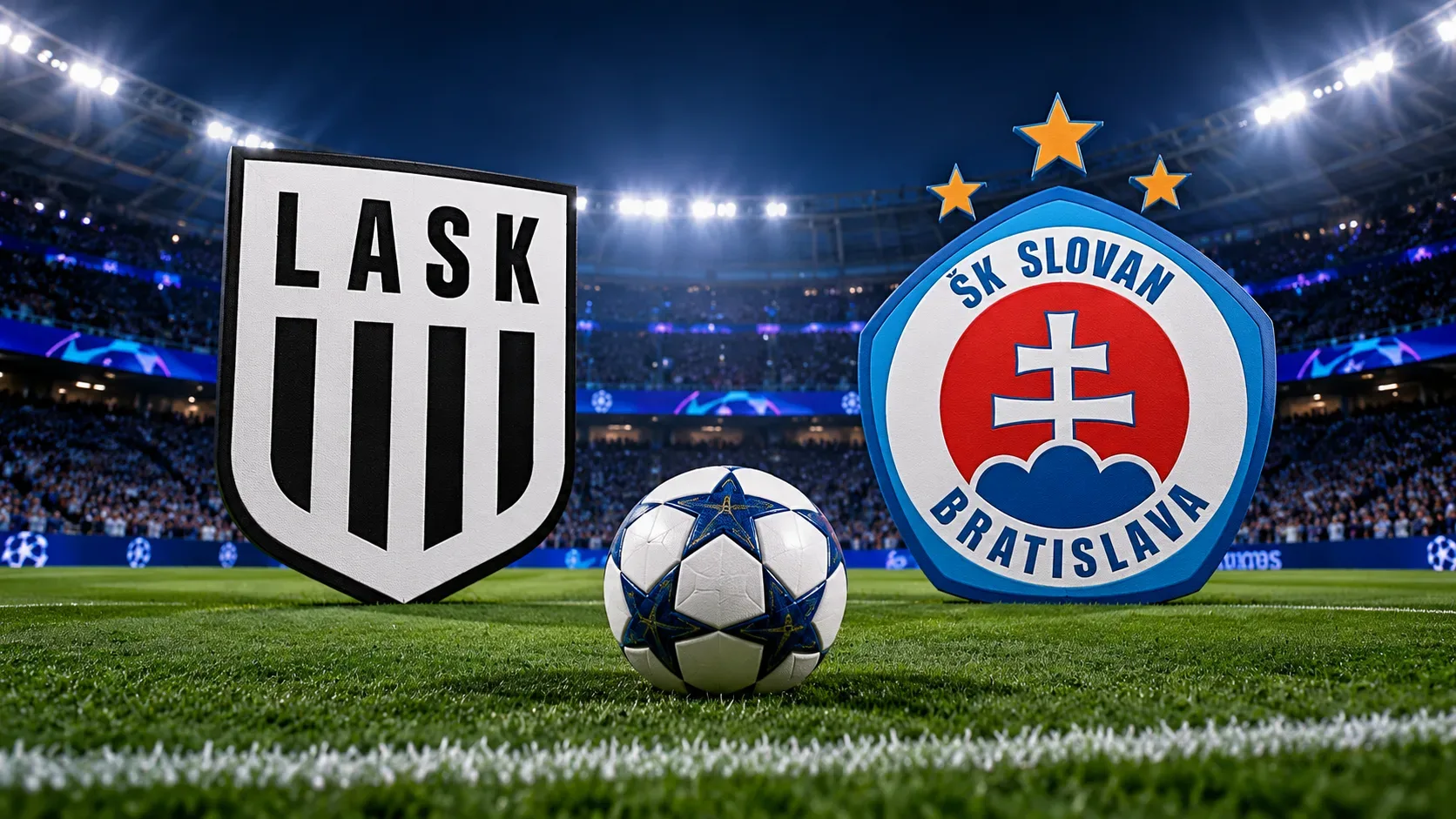 Ilustração digital de estádio de futebol à noite, com os escudos do LASK e do Slovan Bratislava e uma bola no gramado.