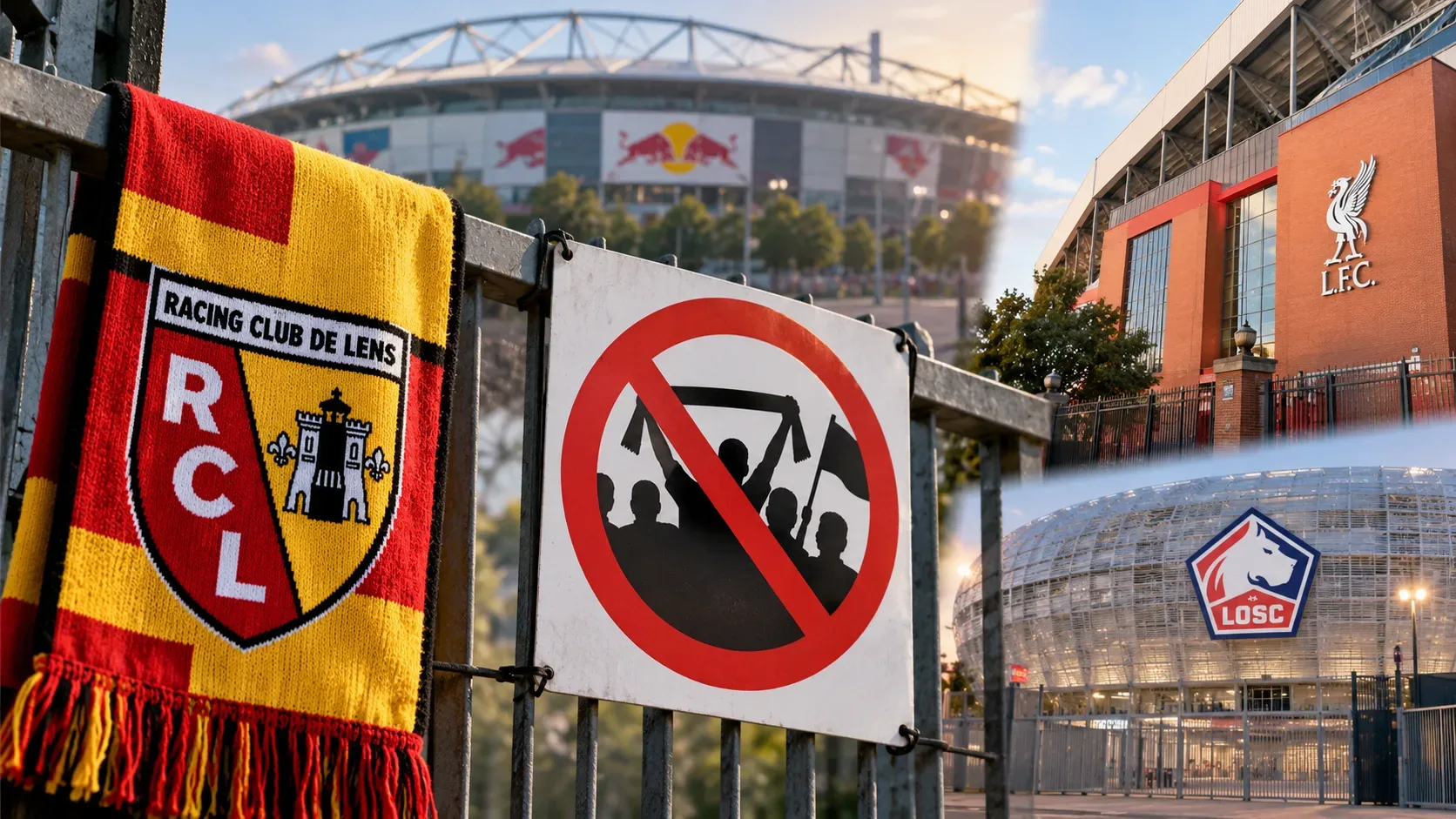 Montagem com cachecol vermelho e amarelo do RC Lens pendurado numa grade, sinal de proibição de torcedores e fachadas de estádios ao fundo.