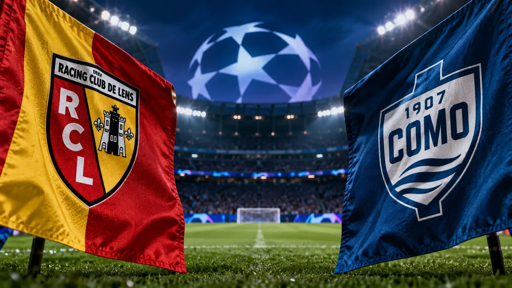 Ilustração de estádio iluminado à noite, com uma bandeira vermelha e amarela do Lens e outra azul do Como em primeiro plano, diante de um gol ao fundo.