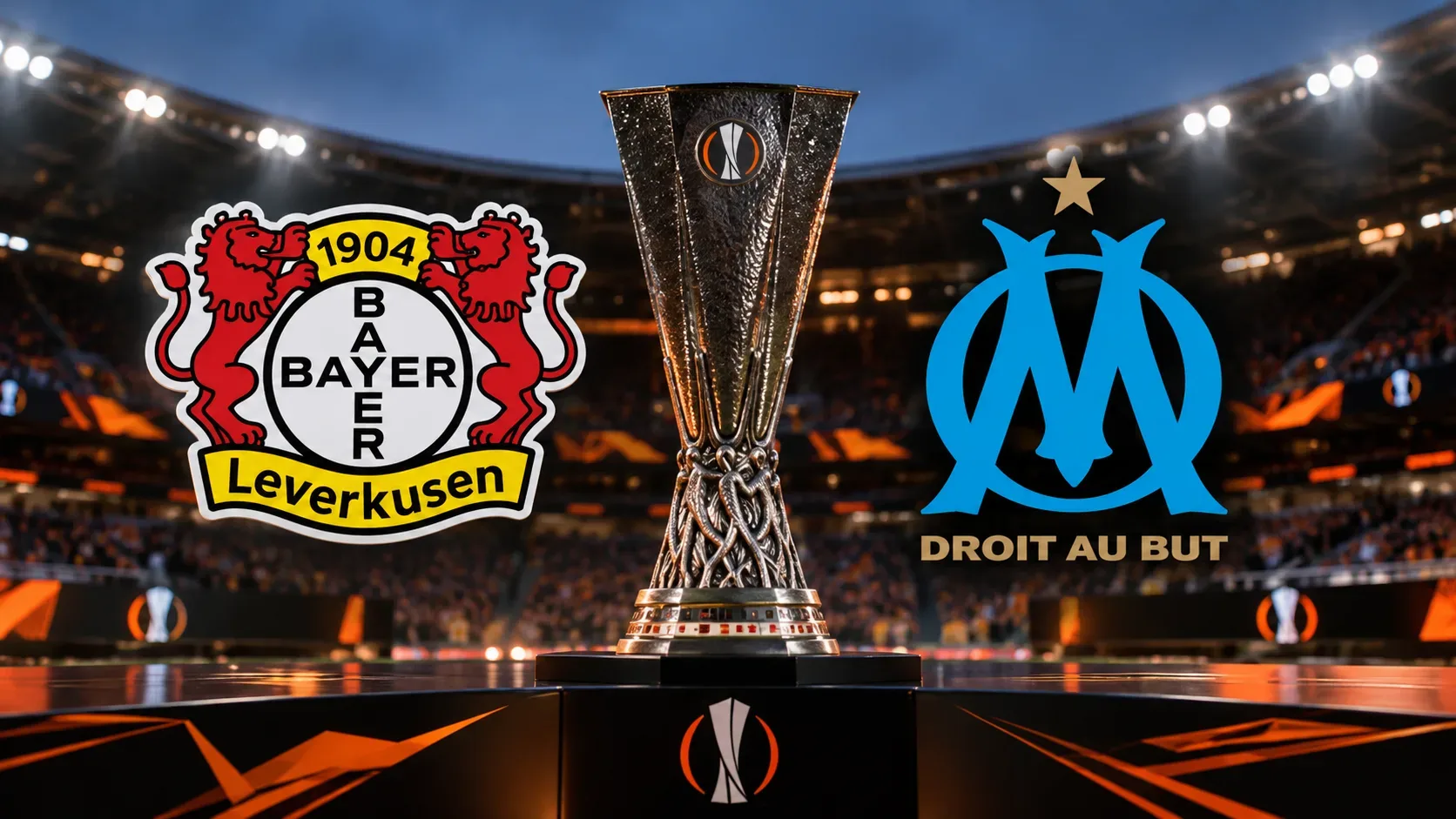 Montagem de estádio iluminado com um troféu estilizado ao centro, escudo do Bayer Leverkusen à esquerda e emblema do Marseille à direita.