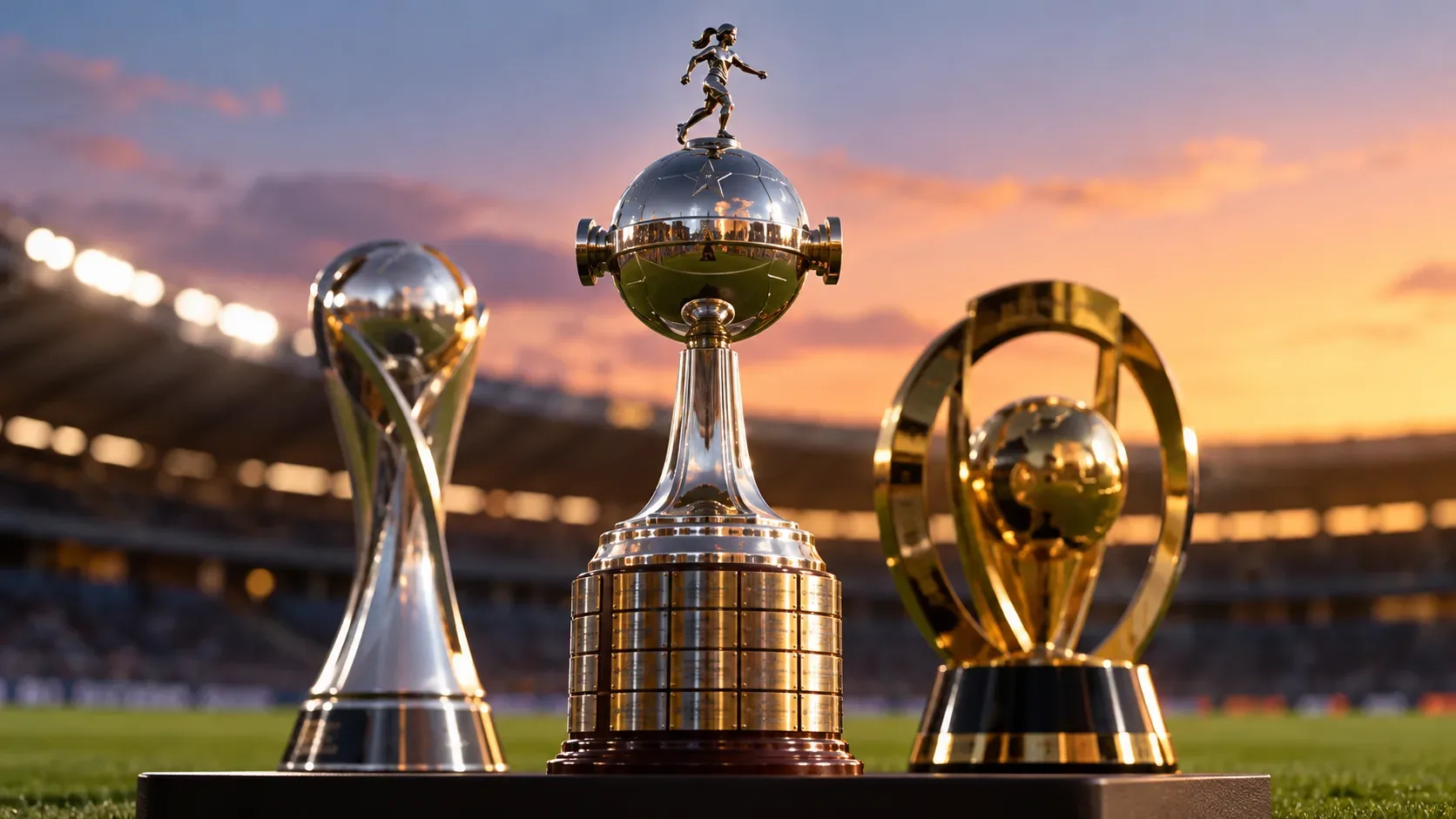 Três troféus metálicos sobre uma plataforma junto ao gramado de um estádio ao pôr do sol, com uma taça de globo e figura feminina no centro.