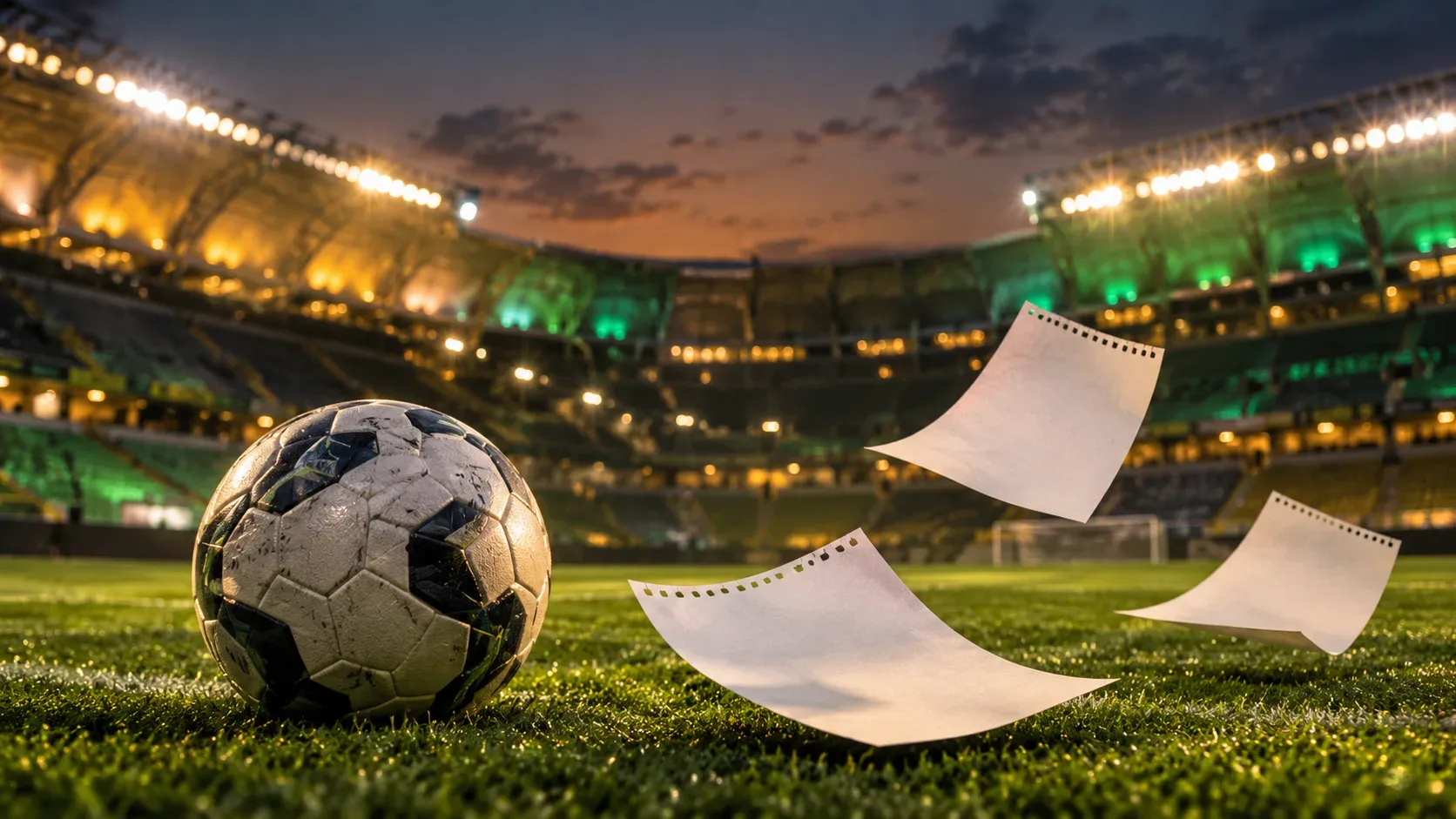 Bola de futebol no gramado de um estádio iluminado ao entardecer, com folhas de papel em branco suspensas no ar e arquibancadas ao fundo.