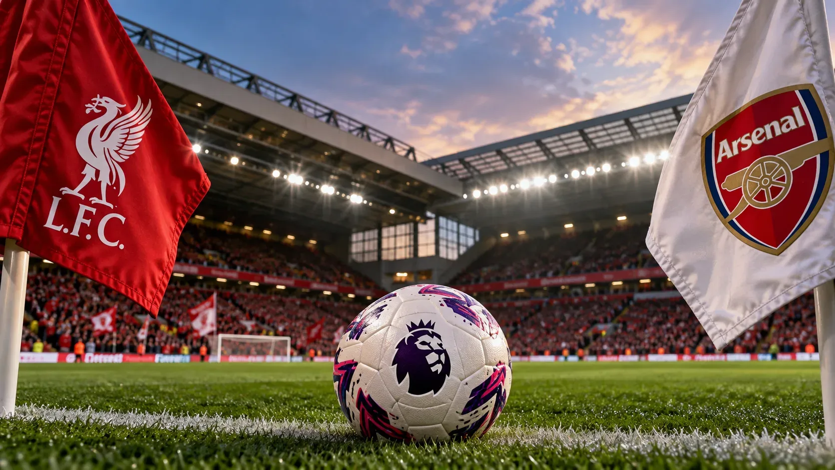 Bola da Premier League no gramado entre bandeiras do Liverpool e do Arsenal, diante de arquibancadas iluminadas.