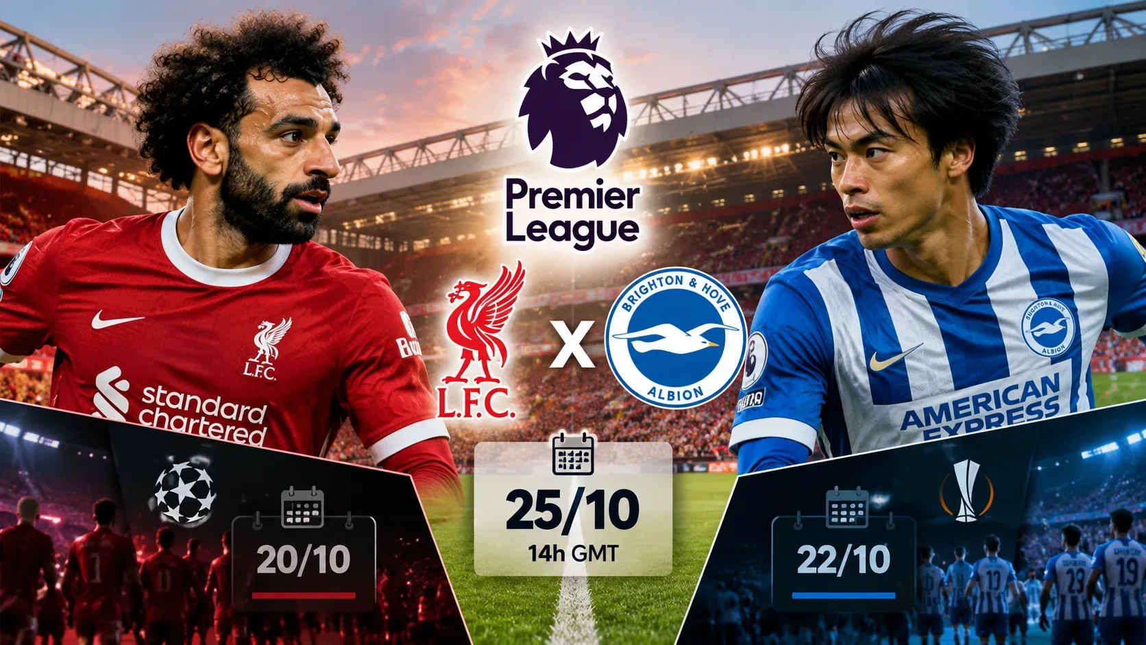 Arte digital de Liverpool x Brighton, com dois jogadores de uniformes vermelho e azul e branco frente a frente, emblemas dos clubes, símbolo da Premier League e datas de 20, 22 e 25 de outubro sobre um estádio.