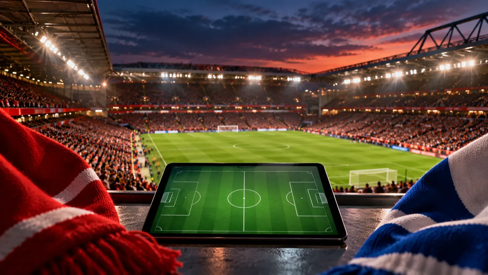 Estádio de futebol iluminado ao entardecer, com tablet exibindo desenho de campo entre tecidos vermelhos e azuis em primeiro plano.