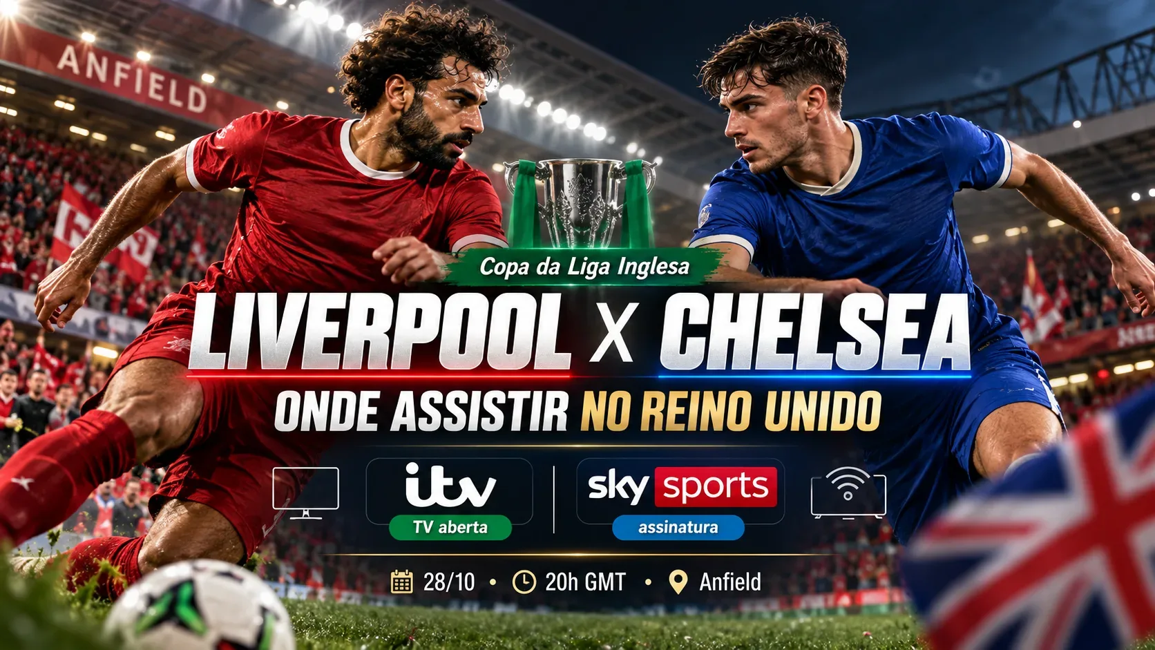 Arte de futebol com jogador de uniforme vermelho diante de jogador de uniforme azul em estádio iluminado, troféu ao centro e textos sobre Liverpool x Chelsea, ITV, Sky Sports e 28 de outubro.
