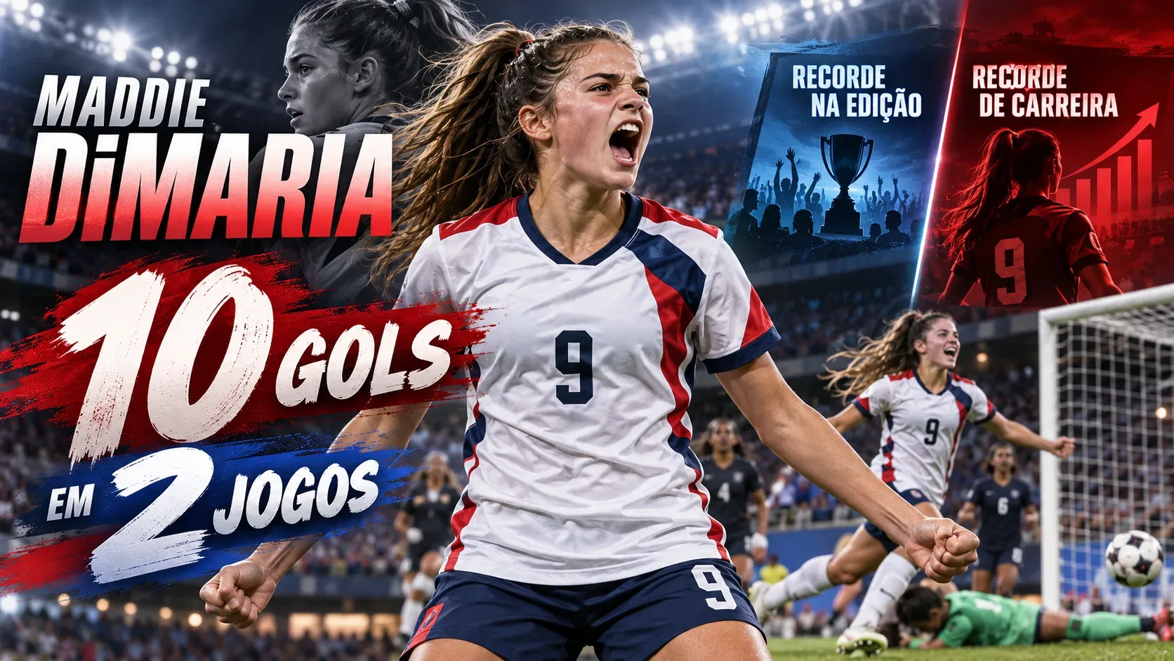 Arte editorial com jogadora ilustrada comemorando em estádio, textos “Maddie DiMaria” e “10 gols em 2 jogos” e painéis sobre recordes de edição e carreira.