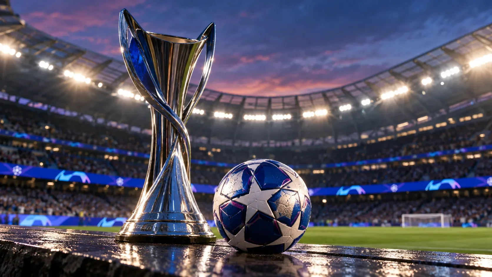 Troféu prateado e bola de futebol com estrelas na beira de um gramado, diante de arquibancadas iluminadas ao anoitecer.