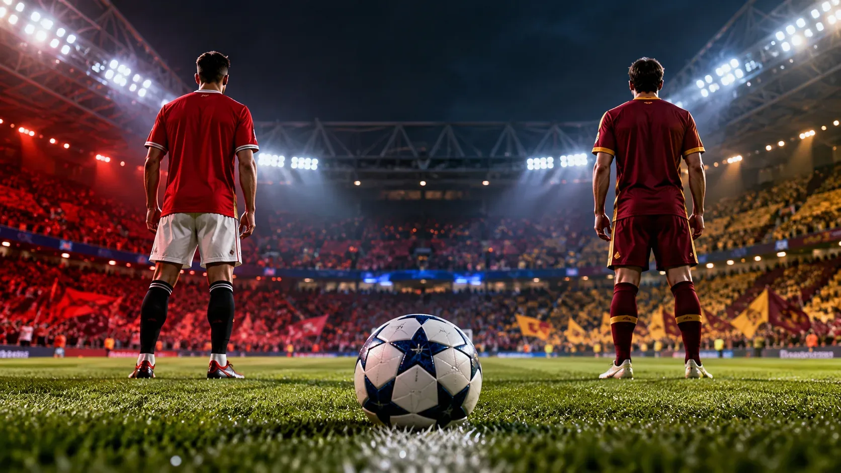 Bola branca com estrelas azuis sobre o gramado, diante de dois jogadores vistos de costas, um de vermelho e outro de vinho, em estádio iluminado com torcidas ao fundo.
