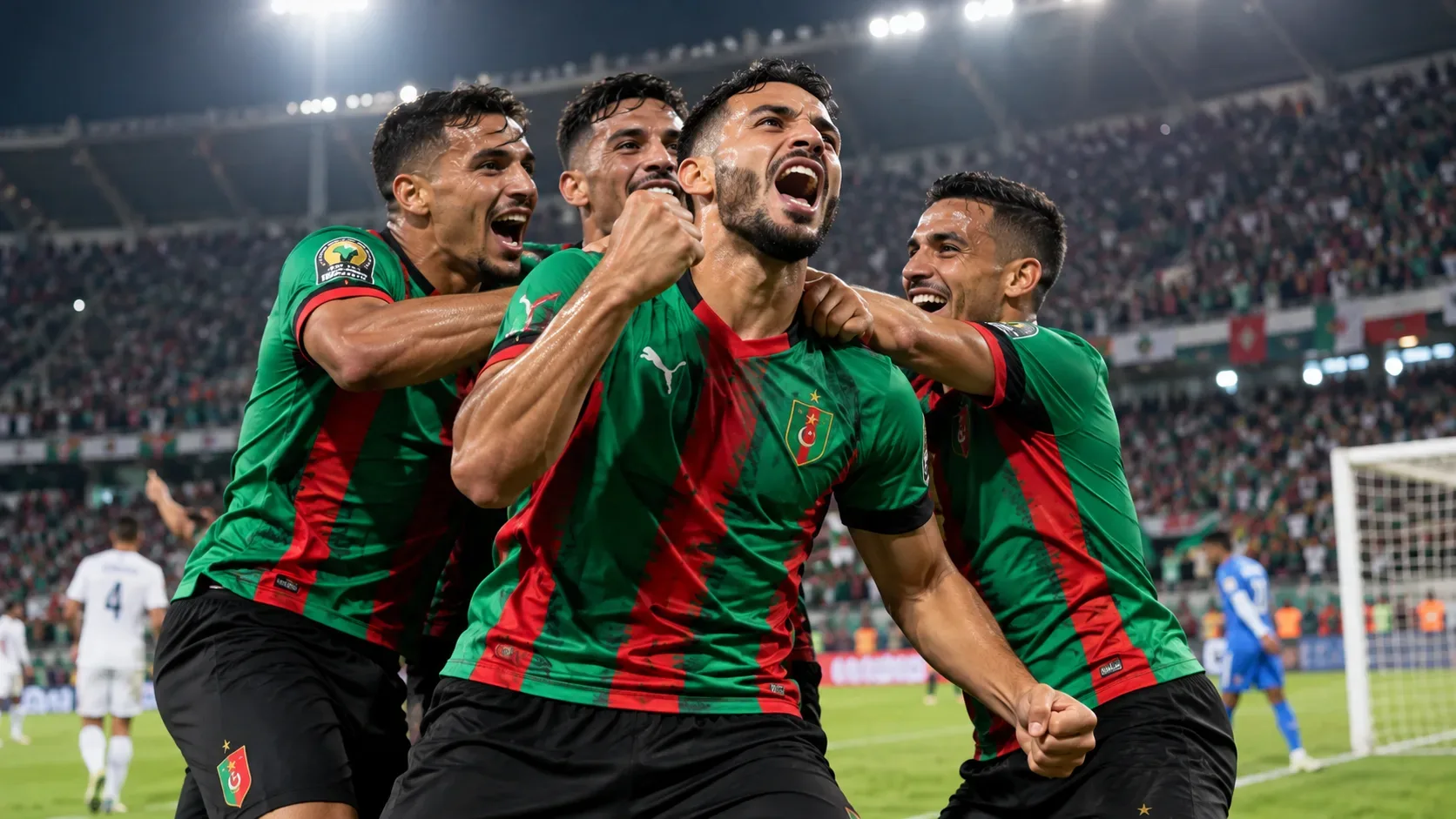 Ilustração de jogadores com uniformes verdes e vermelhos comemorando perto de um gol, diante de arquibancadas iluminadas à noite.