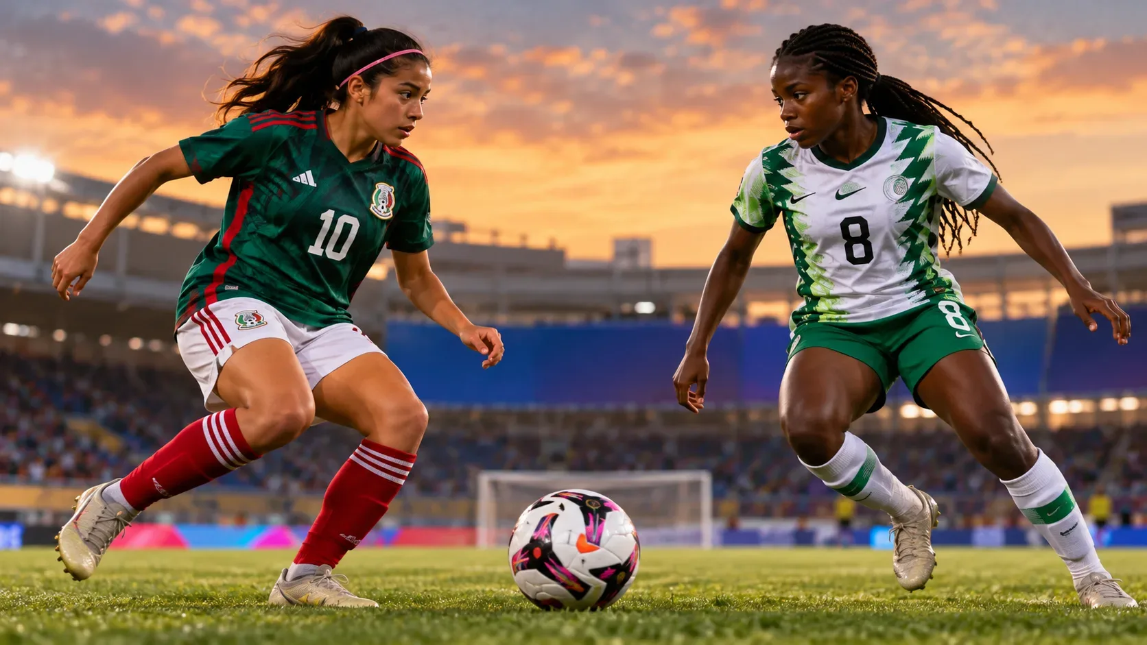 Duas jogadoras disputam a bola em um campo de futebol, uma de uniforme verde-escuro e outra de branco, diante de arquibancadas ao pôr do sol.