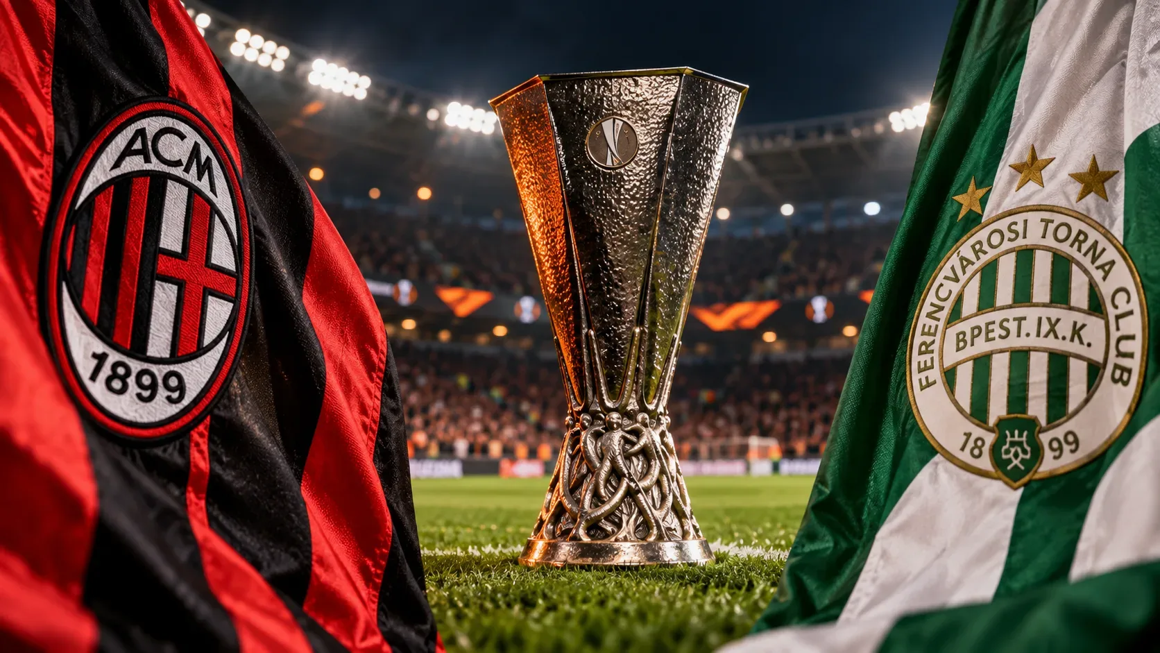 Taça metálica da Europa League ao centro de um estádio iluminado, entre uma bandeira rubro-negra do Milan e uma verde e branca do Ferencváros.