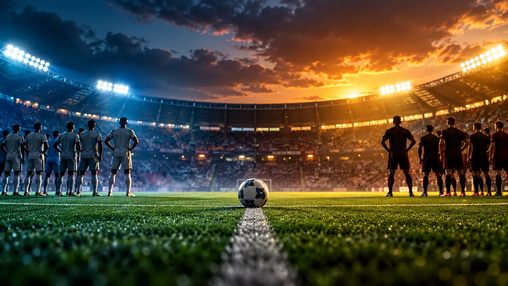 Bola de futebol sobre a linha central do gramado, com dois grupos de jogadores de lados opostos em um estádio iluminado ao entardecer.
