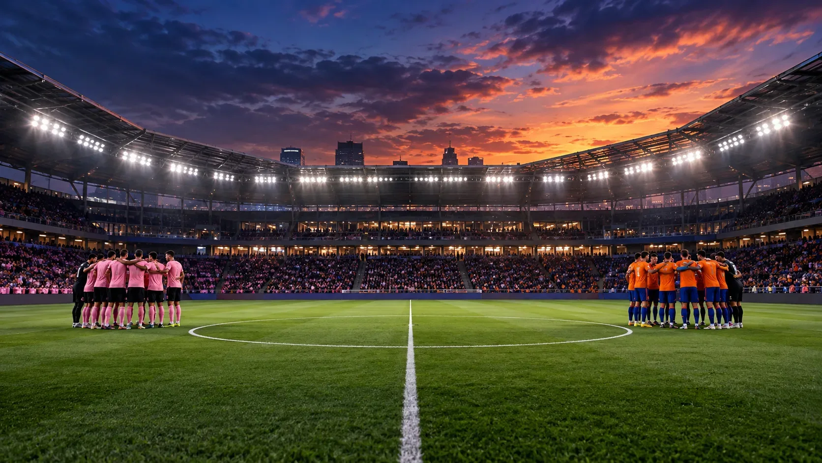 Estádio iluminado ao entardecer, com jogadores de rosa e de laranja reunidos em grupos em lados opostos do círculo central.