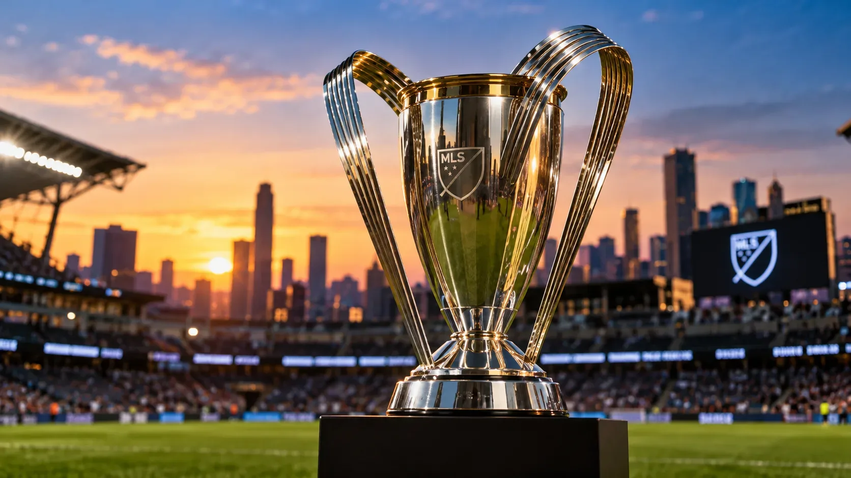 Troféu prateado e dourado com símbolo da MLS sobre pedestal, em estádio iluminado ao pôr do sol, com silhueta urbana ao fundo.
