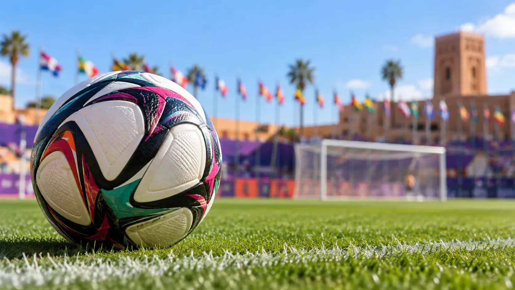 Bola de futebol colorida sobre o gramado junto a uma linha branca, com gol, arquibancadas, bandeiras e palmeiras desfocados ao fundo.