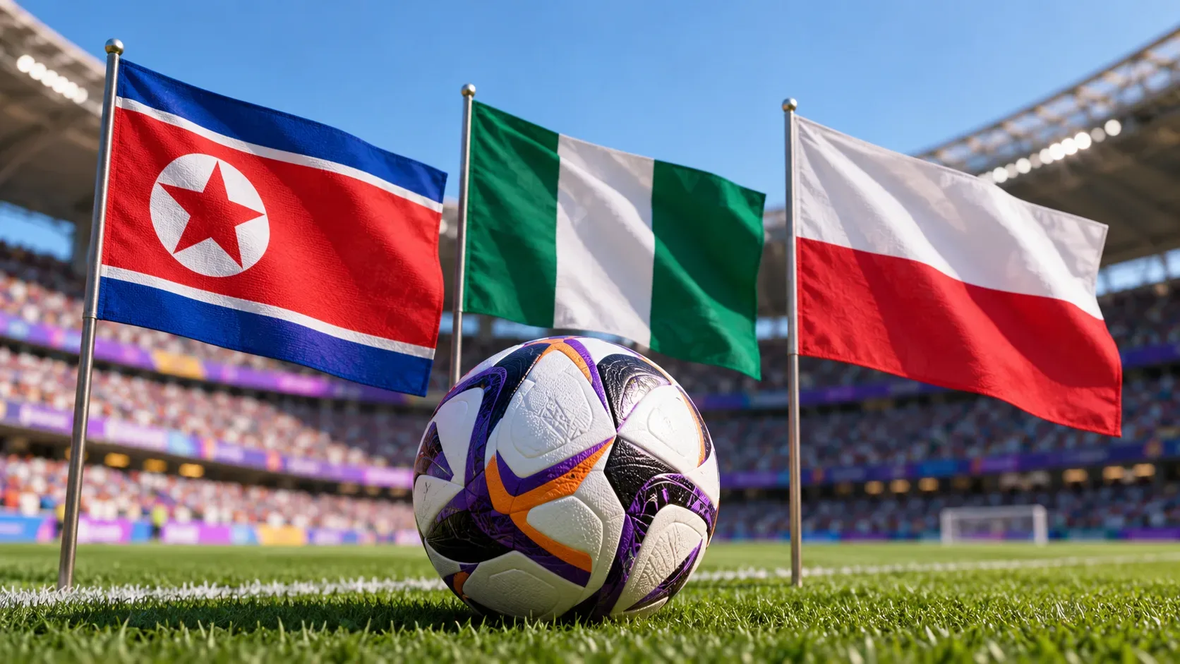 Bola de futebol sobre o gramado de um estádio, com as bandeiras da Coreia do Norte, Nigéria e Polônia ao fundo.
