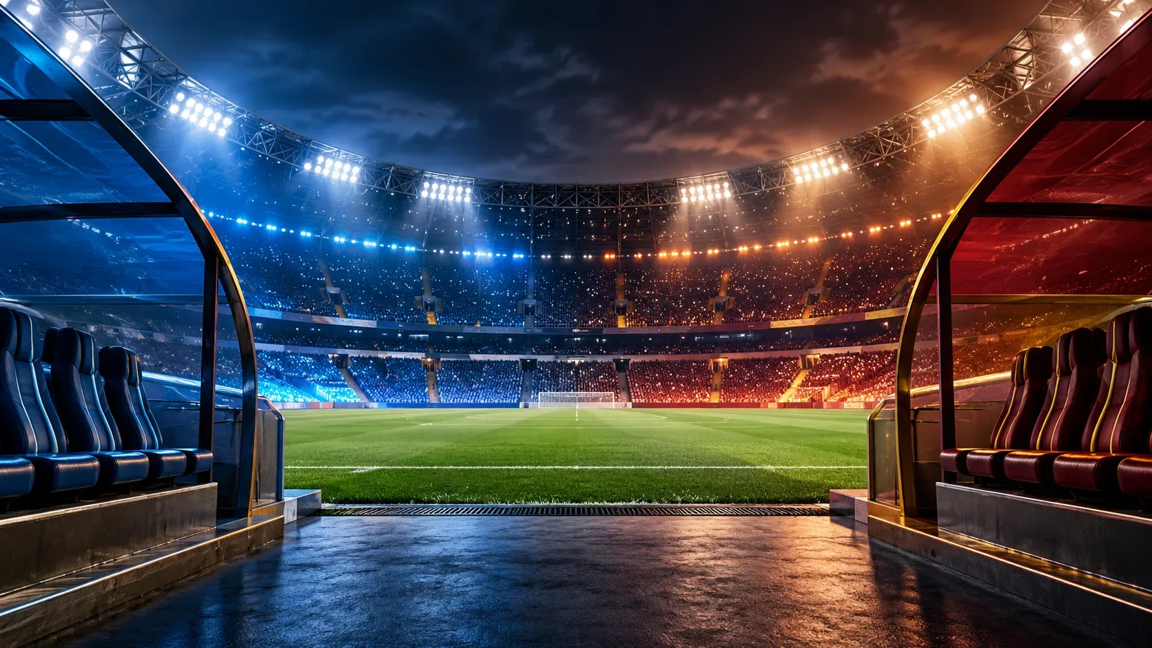 Campo de futebol iluminado visto da entrada do túnel, com bancos de reservas nas laterais e arquibancadas em tons azuis e avermelhados.