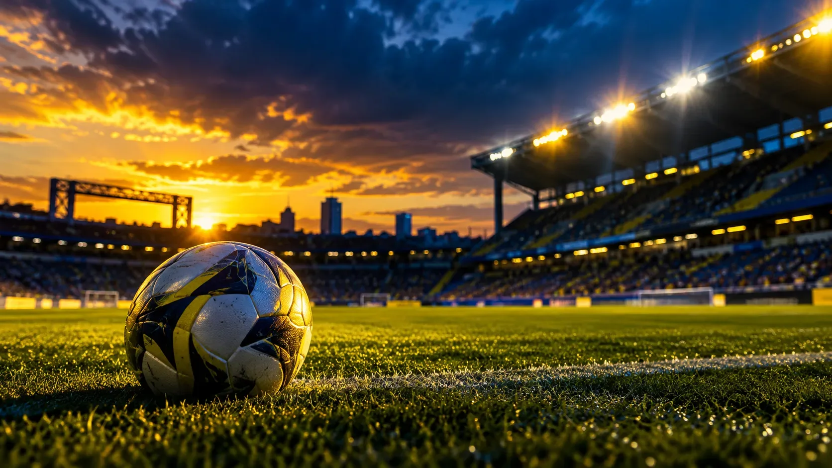 Bola de futebol branca, azul e amarela em primeiro plano sobre gramado de estádio iluminado ao pôr do sol.