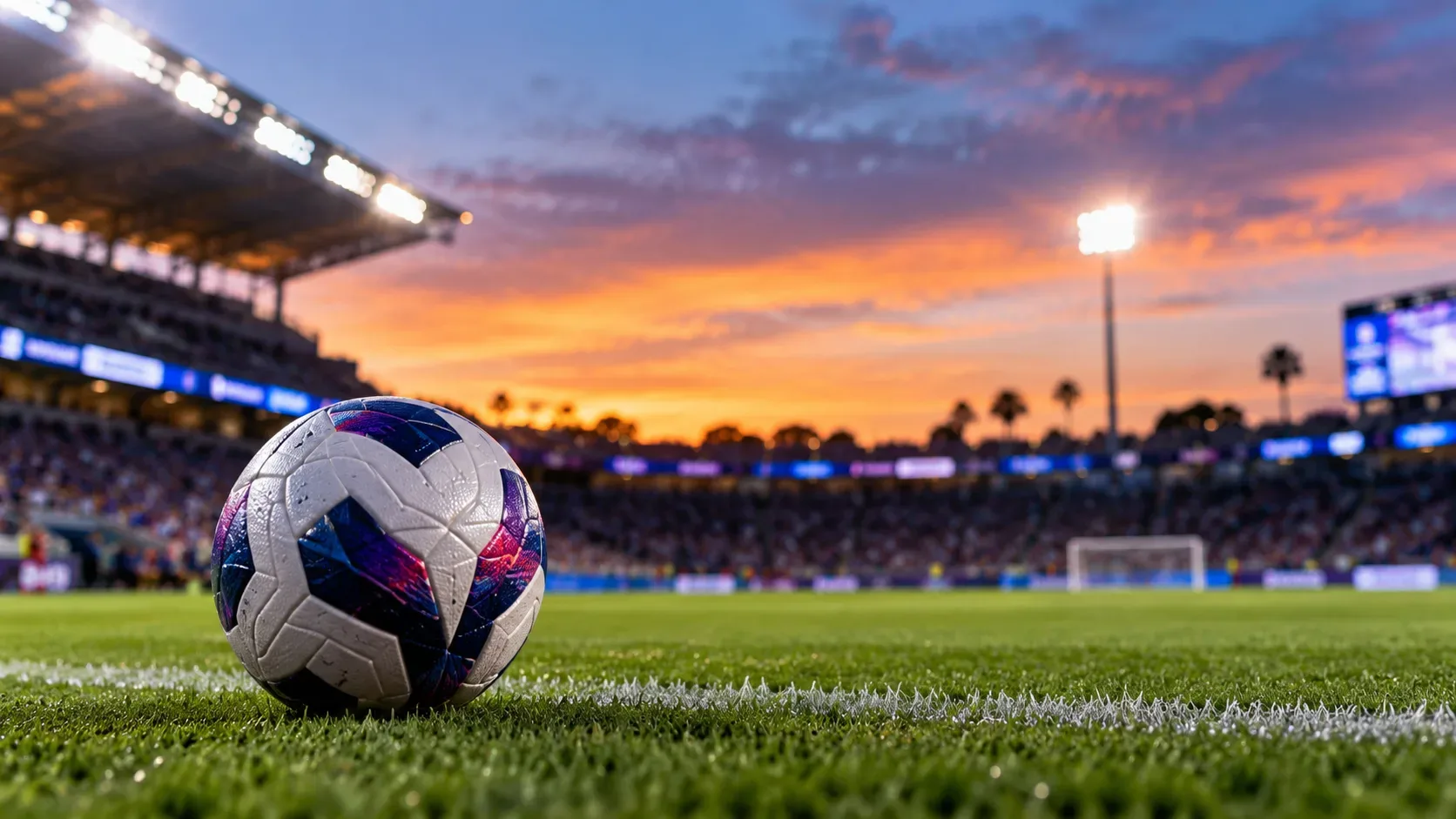 Bola de futebol sobre gramado iluminado, com arquibancadas, refletores e céu alaranjado ao entardecer ao fundo.