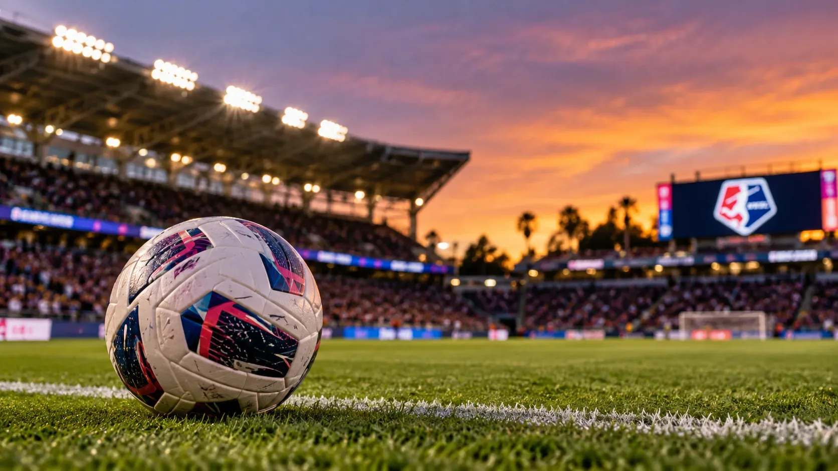 Bola de futebol branca com detalhes em azul e rosa no gramado, diante de estádio iluminado e céu alaranjado ao entardecer.