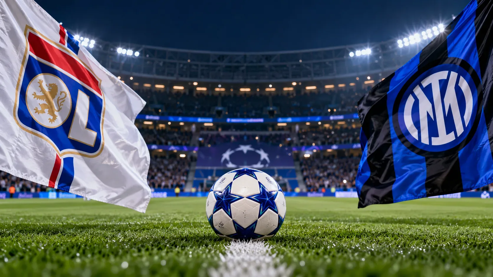 Bola branca com estrelas azuis no gramado, entre uma bandeira branca, vermelha e azul e outra preta e azul, em estádio iluminado.