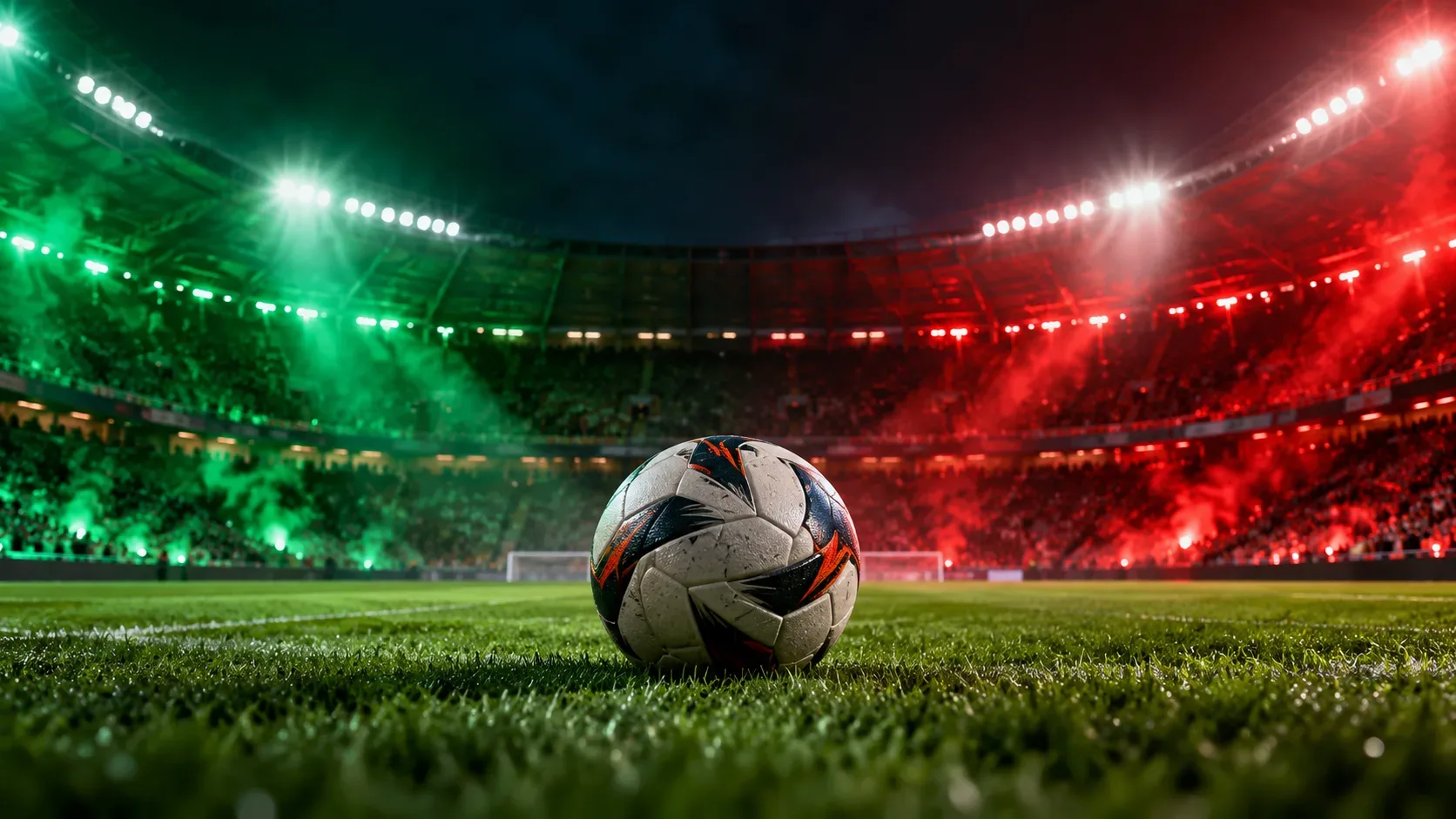 Bola de futebol no gramado de um estádio à noite, com refletores, arquibancadas ao fundo e iluminação verde à esquerda e vermelha à direita.