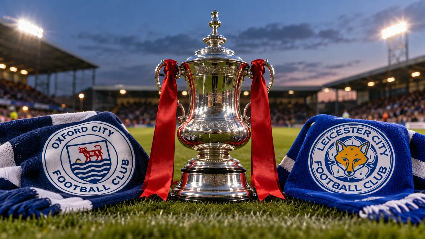 Taça prateada com fitas vermelhas sobre o gramado, entre cachecóis alusivos ao Oxford City e ao Leicester City, em estádio iluminado ao entardecer.