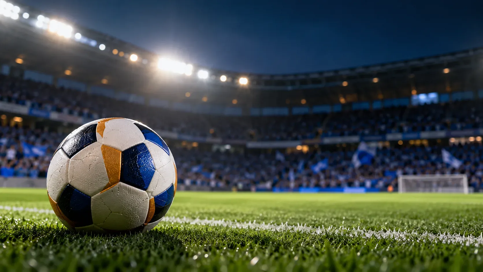 Bola de futebol branca, preta, azul e dourada sobre o gramado úmido, com arquibancadas e refletores desfocados de um estádio ao fundo.