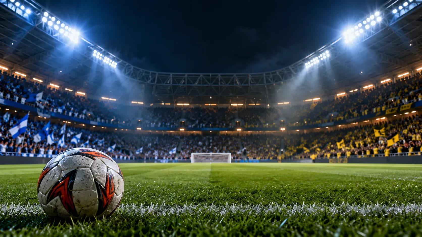 Bola branca com detalhes escuros e laranja sobre o gramado de estádio iluminado à noite, com arquibancadas em azul e branco à esquerda e amarelo e preto à direita.