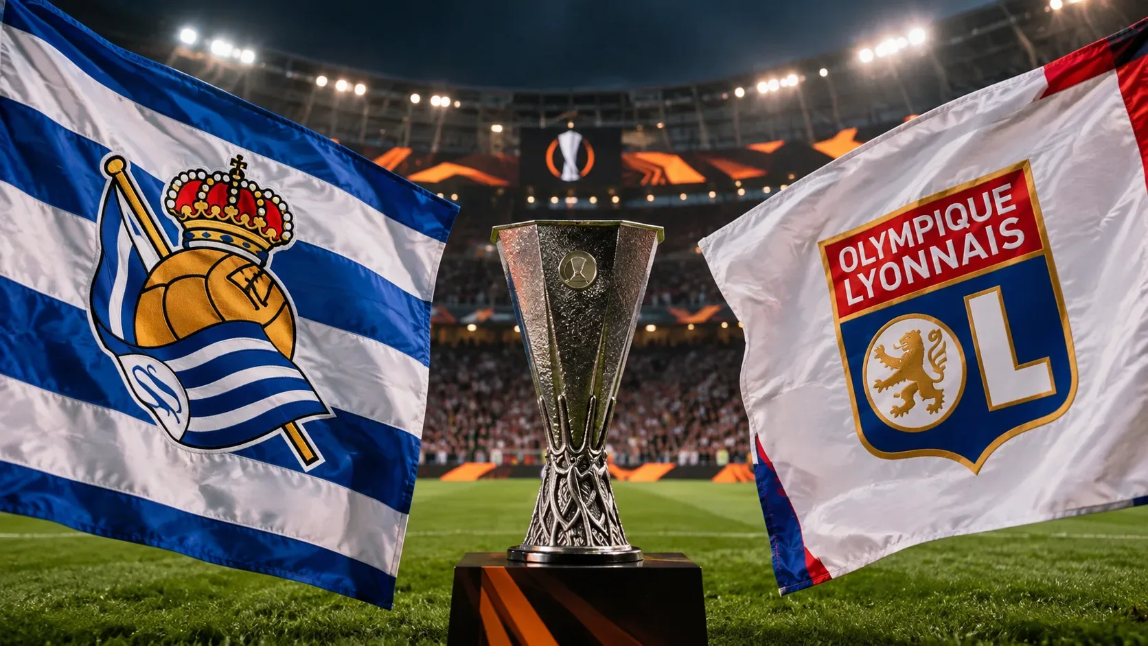 Estádio iluminado com troféu prateado ao centro, bandeira azul e branca da Real Sociedad à esquerda e bandeira do Lyon à direita.