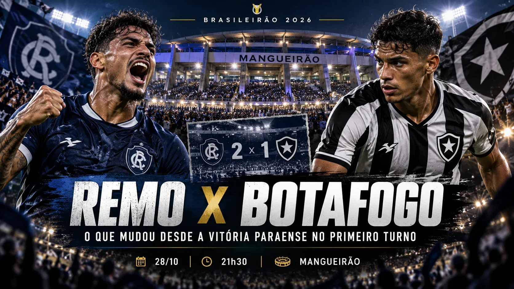 Capa ilustrada de Remo x Botafogo com jogadores estilizados de azul e preto e branco diante do Mangueirão à noite, título do confronto e referência ao 2 a 1 do primeiro turno.