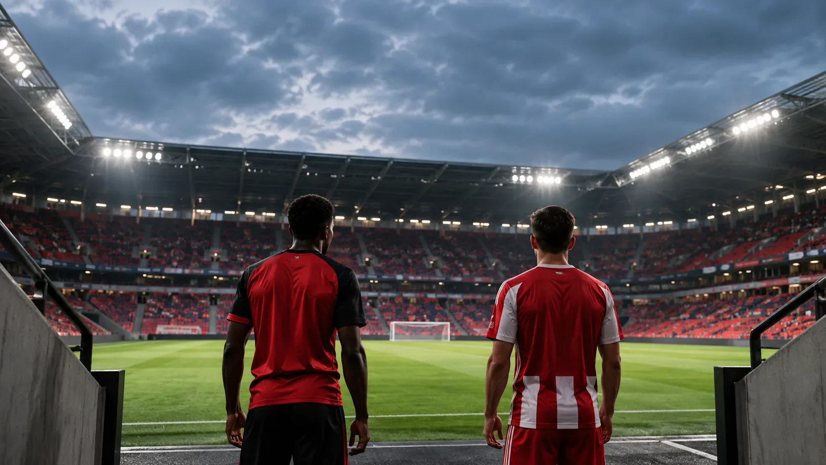 Dois jogadores de futebol vistos de costas na entrada de um gramado iluminado, sob céu nublado, em estádio com arquibancadas vermelhas.