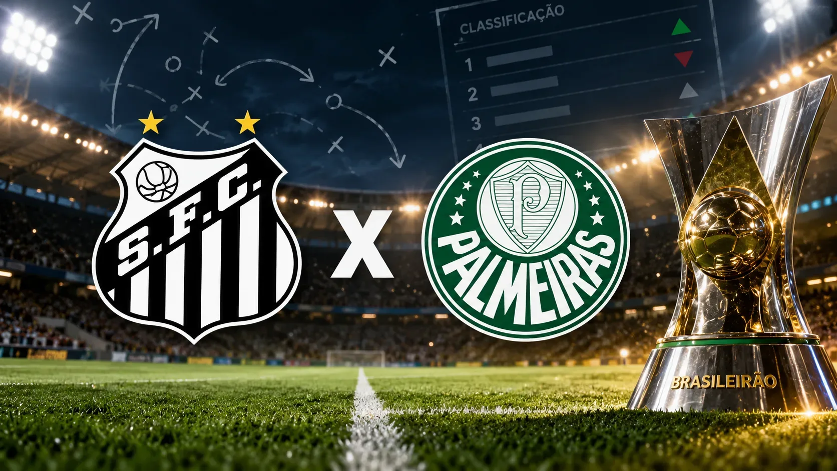 Arte digital com os escudos de Santos e Palmeiras, painel de classificação e troféu sobre um campo de futebol iluminado à noite.