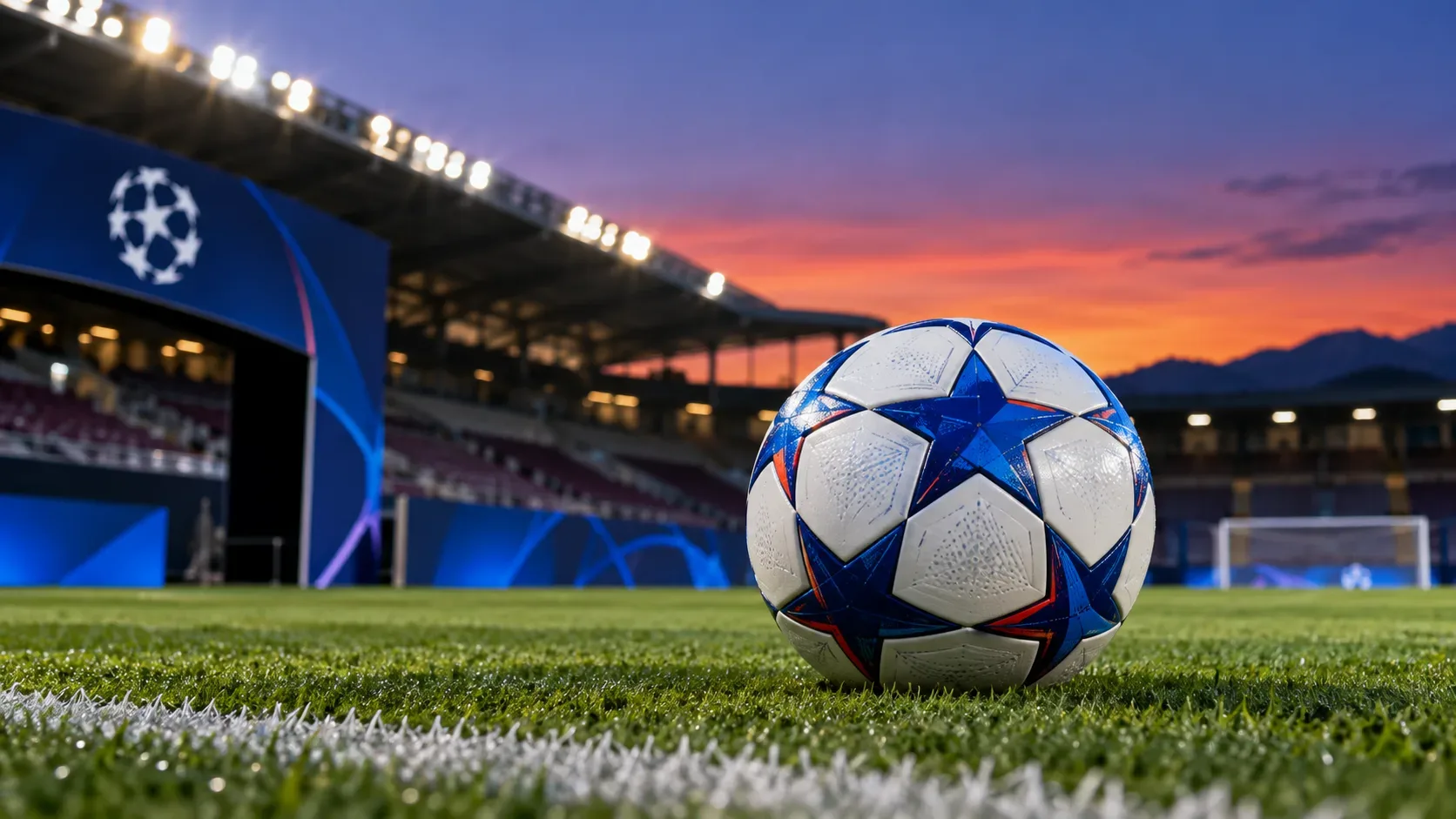 Bola de futebol branca e azul em primeiro plano sobre o gramado de um estádio iluminado ao pôr do sol, com arquibancadas e um gol ao fundo.