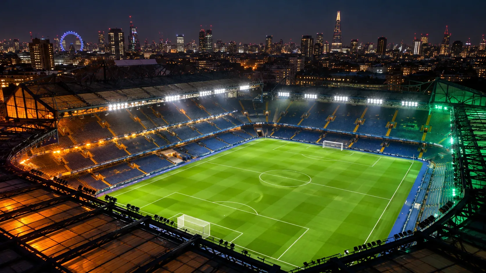 Ilustração aérea noturna de um estádio de futebol iluminado, com gramado verde, arquibancadas azuis e uma cidade ao fundo.